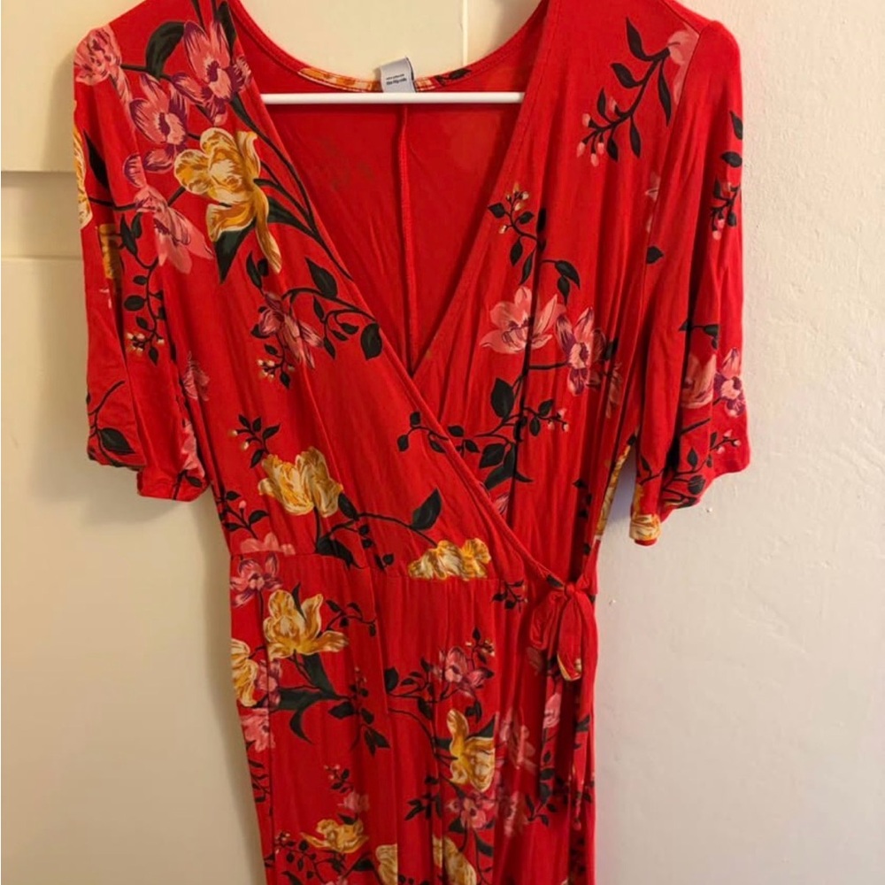 Old Navy Red Floral Wrap Midi Dress